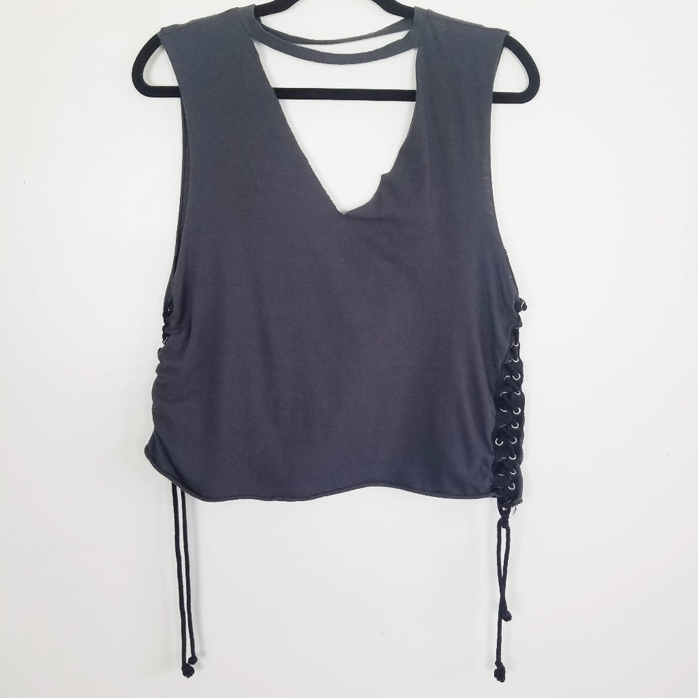Charcoal Gray Strappy Deep V Tie-Side Tank Top MD